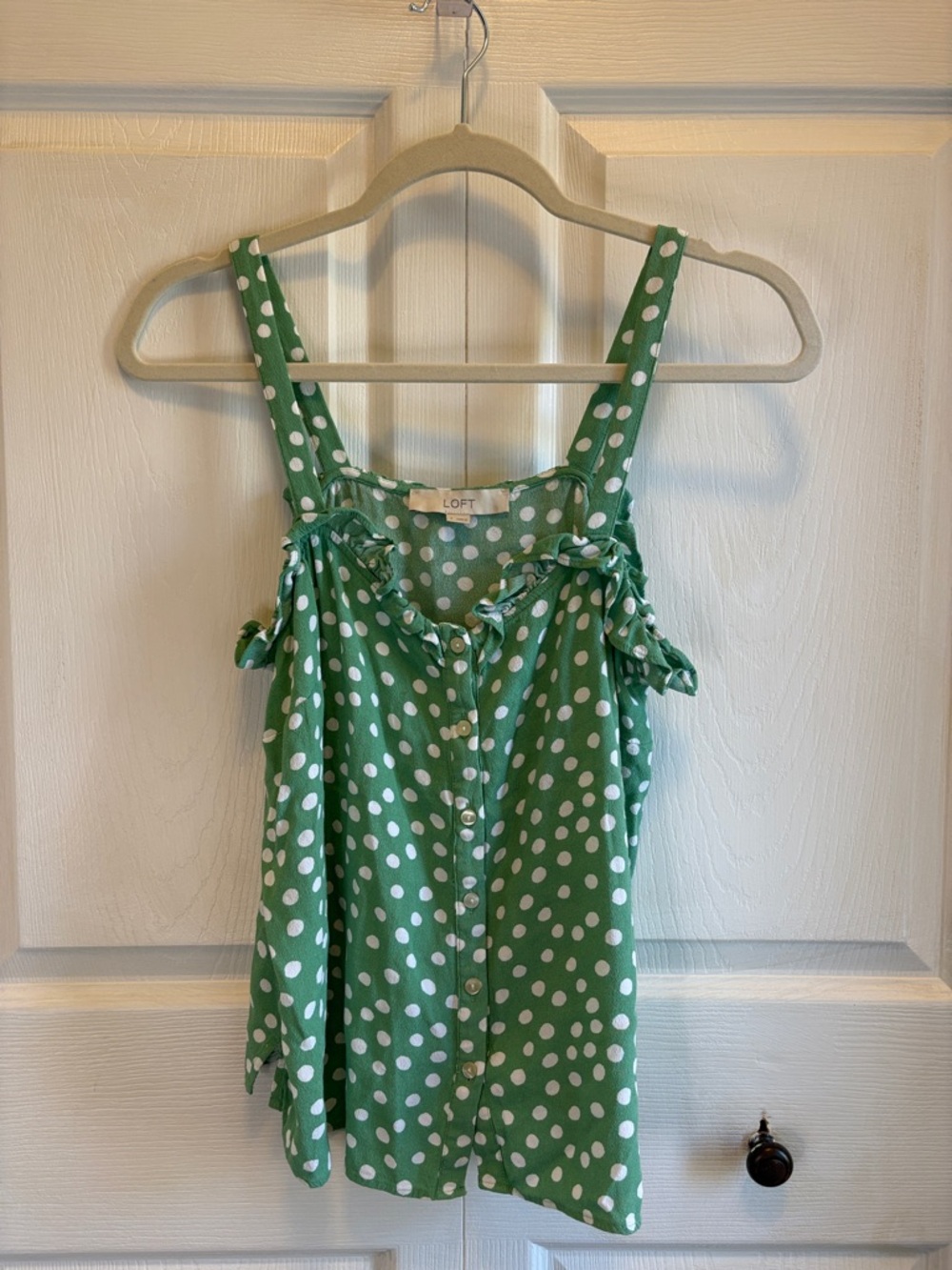 LOFT Green and White Polka Dot Ruffle Strap Tank